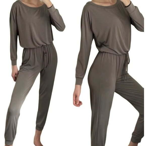 Revolve Lanston Green Jumpsuit Boatneck Long Sleeve Sz Large Elastic Waist Slink - Picture 1 of 7